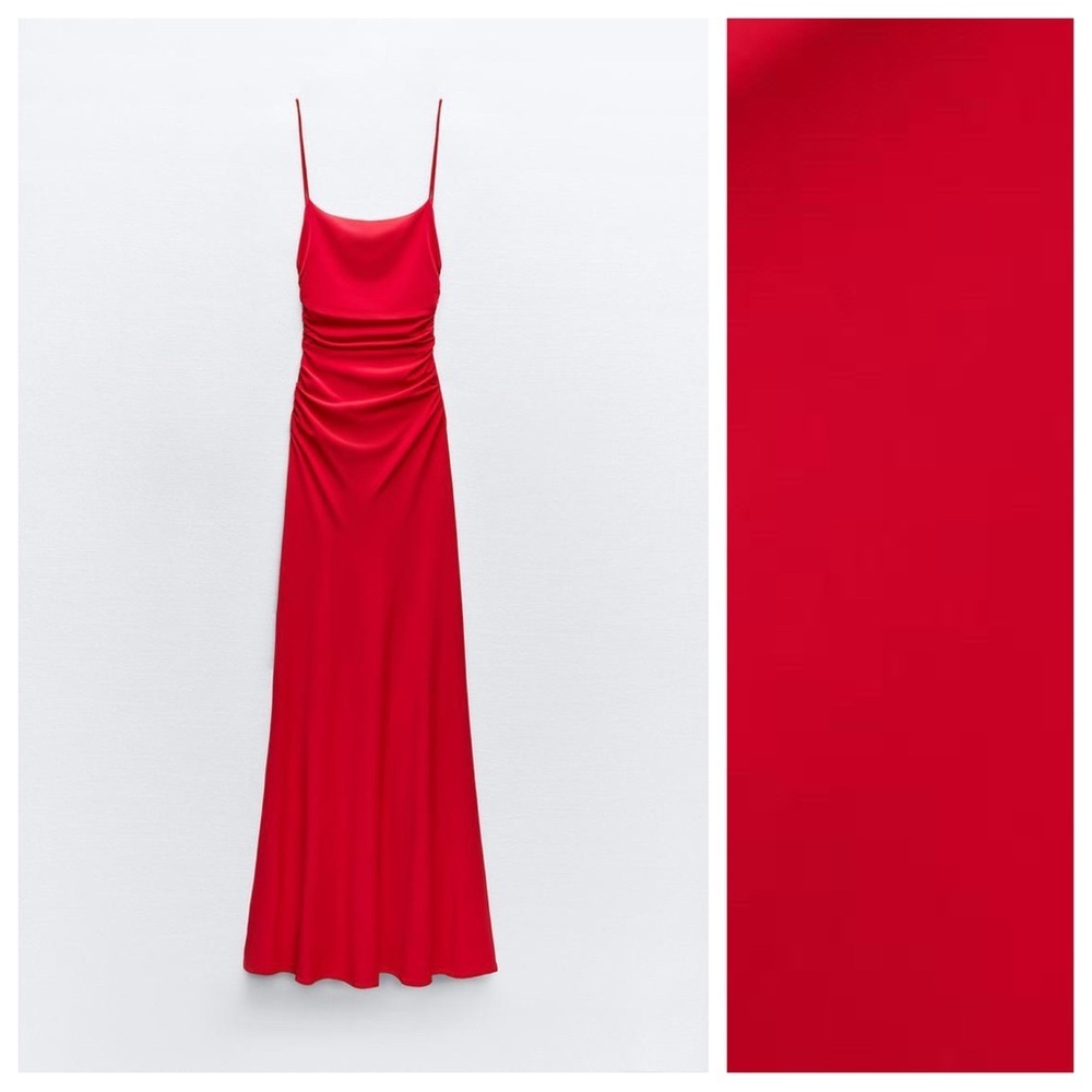 NWT. Zara Intense Red Draped Lingerie-Style Midi Dress. Size S. - Picture 5 of 14
